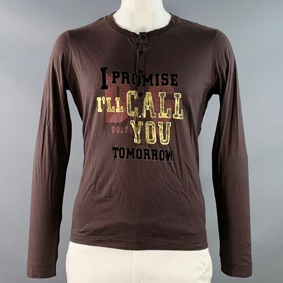 D&G by DOLCE & GABBANA XL Brown Black Metallic Gold Print Cotton Henley Pullover - Picture 1 of 7